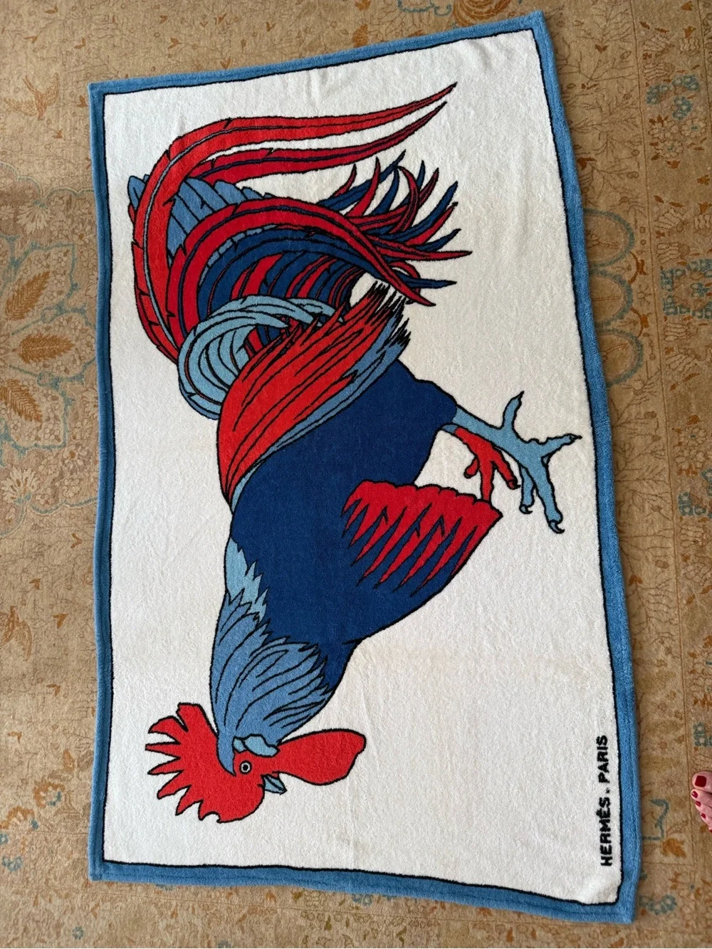 AUTHENTIC HERMES PARIS vintage RARE”COQ”(ROOSTER)Terry cloth cotton beach towel